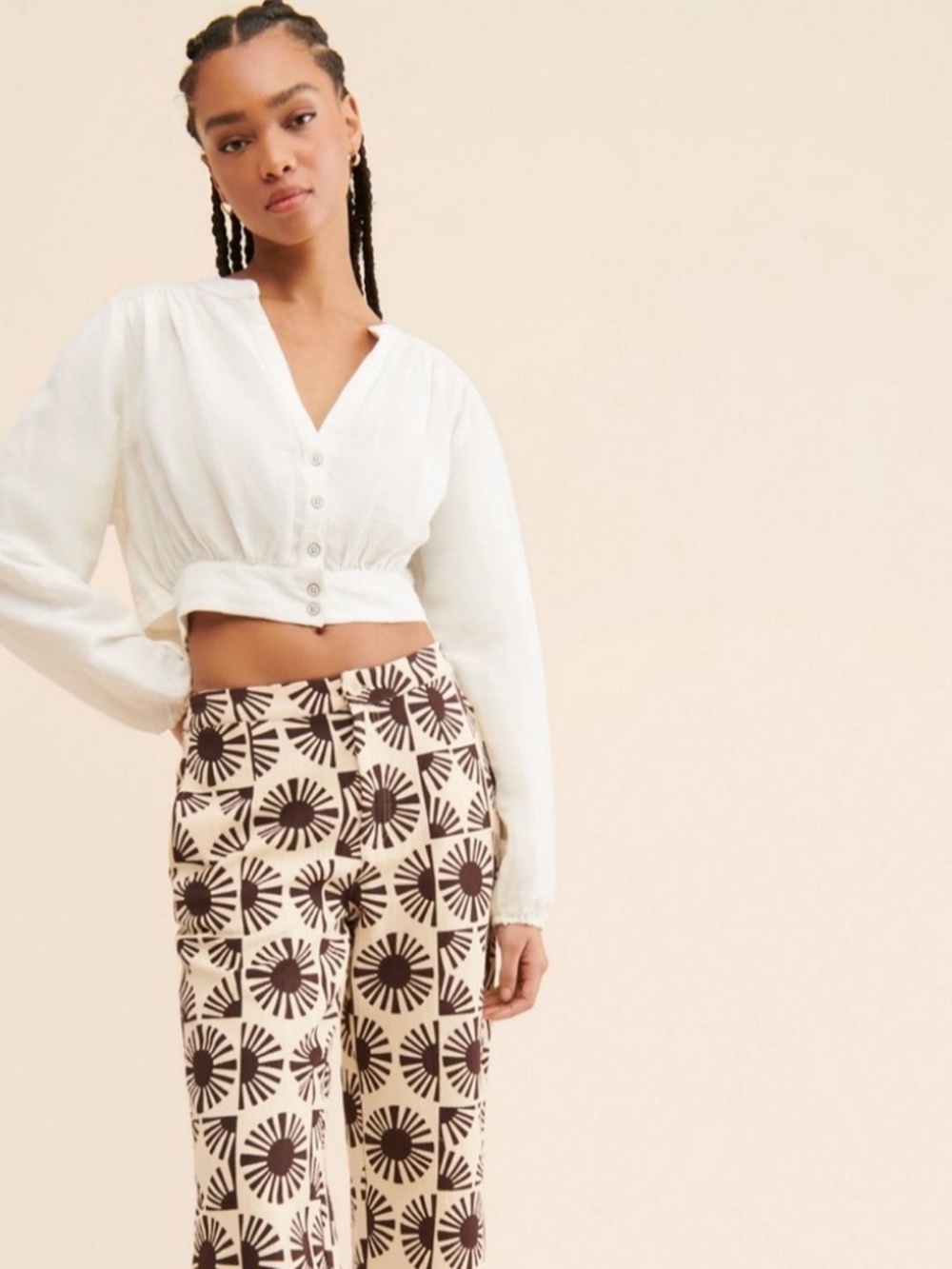 NWT Free People Fly Away Ivory Linen Blend Cropped Button Front Blouse M preppy - Picture 3 of 11